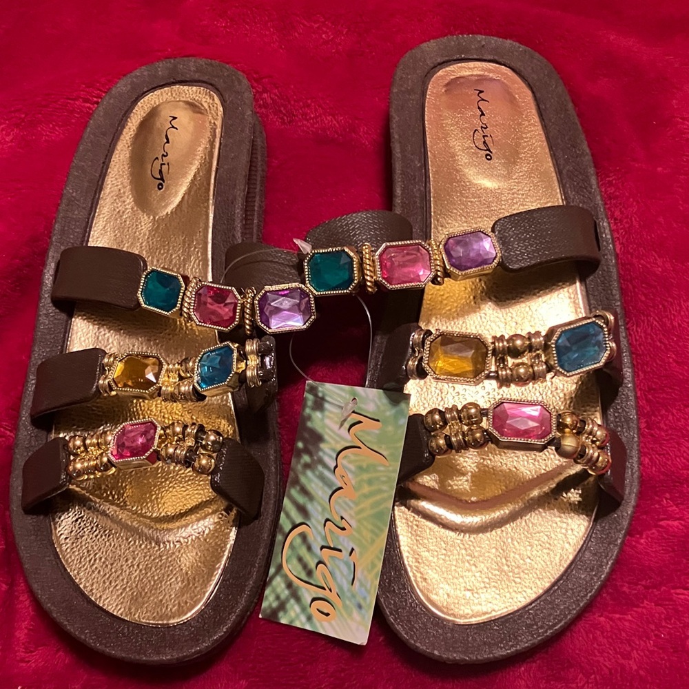 Woman’s slide sandals, brown with multicolor jewels